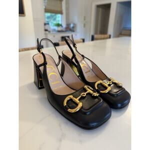 GUCCI Baby Horsebit Slingback Leather Pump Black Gold EU 35 1/2 Authentic Shoes
